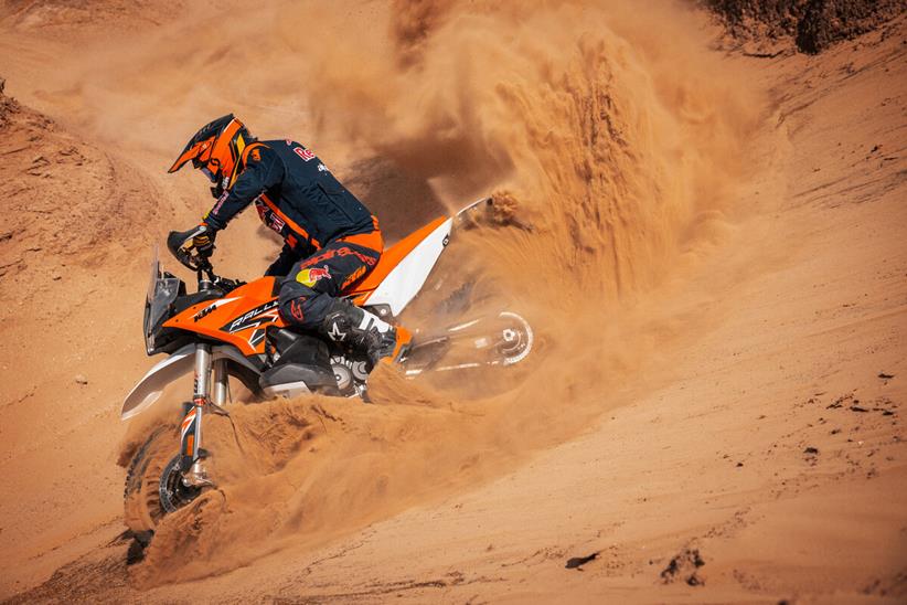 KTM 890 Adventure R Rally being ridden is a desert