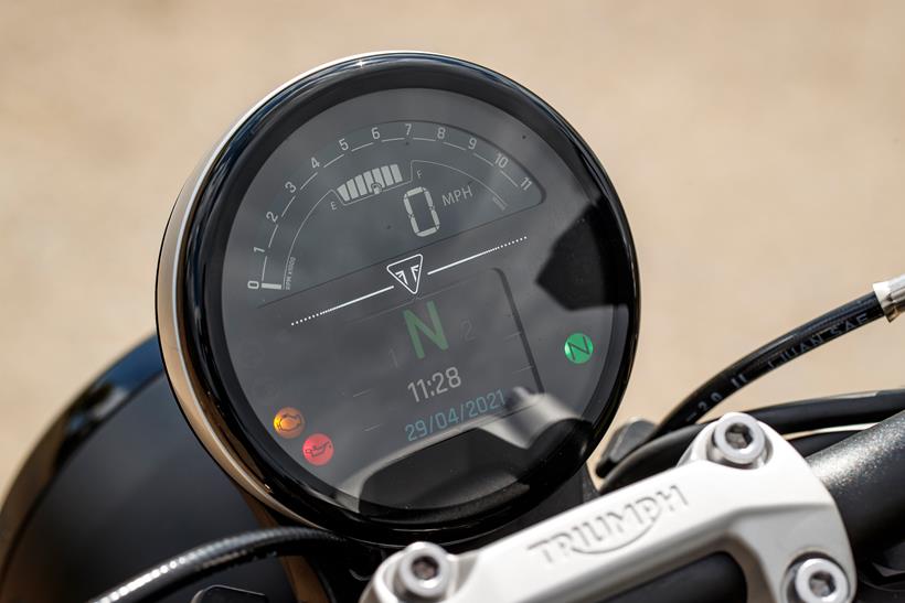 A Triumph Trident 660 clock showing the big green N for neutral 