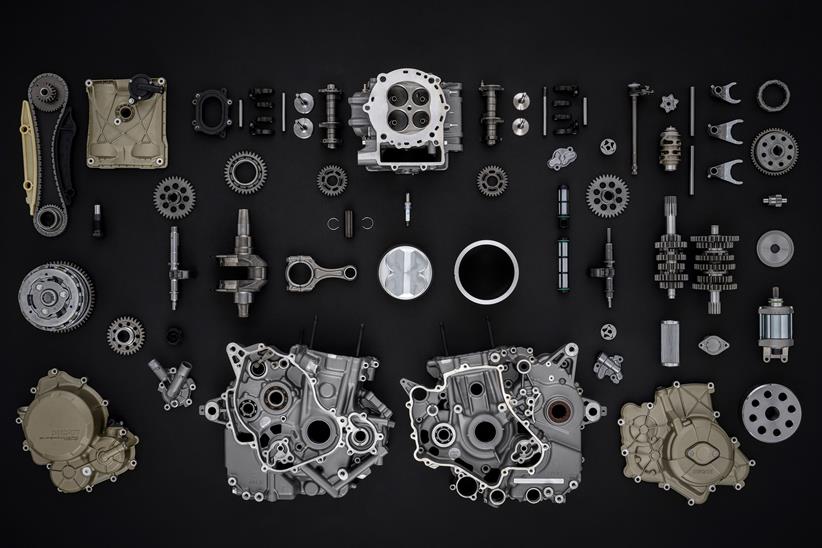 Ducati Superquadro Mono engine parts laid out