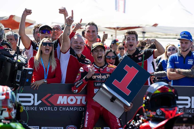 Michael Ruben Rinaldi celebrates victory at Aragon