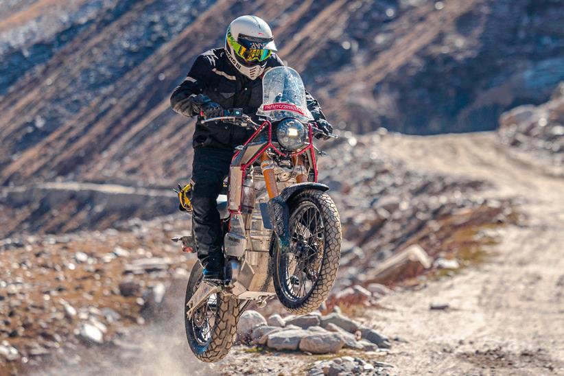 Royal Enfield Electric Himalayan - wheelie on rocky terrain