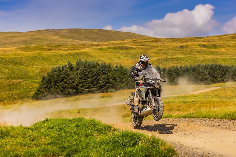 Jumping a Ducati Multistrada V4 Rally off-road at Sweet Lamb