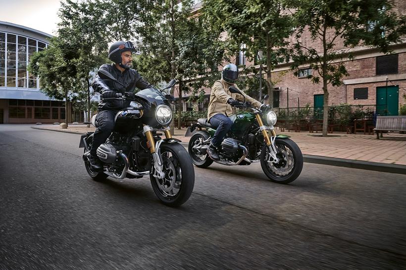 A pair of BMW R12 nineTs riding together