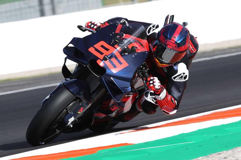 Marc Marquez onboard his new Ducati Desmocedici GP23 at Valencia