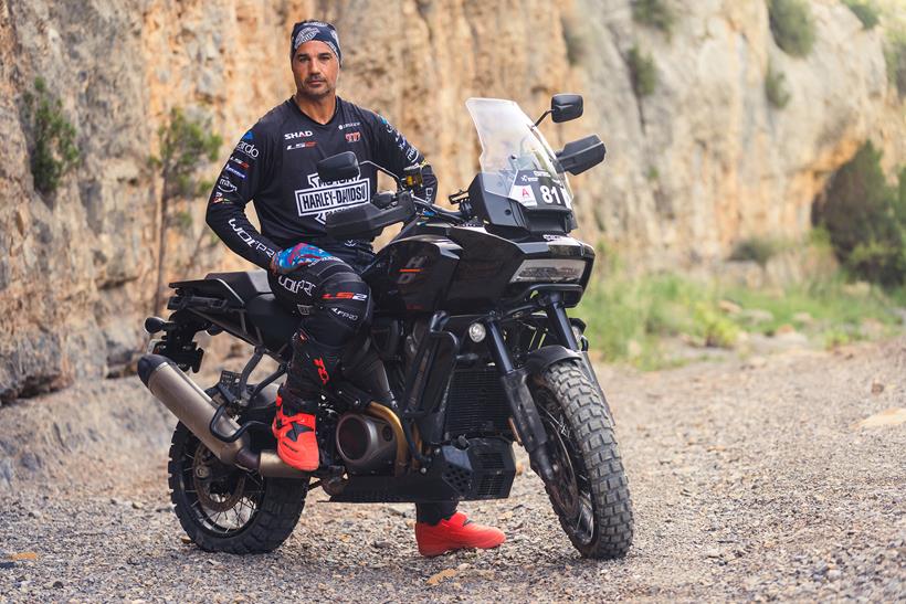 Joan Pedrero with his race-prepped Harley-Davidson