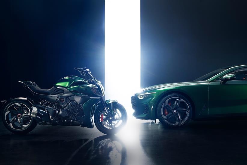 A side view of the special Ducati Diavel V4 and Bentley Batur