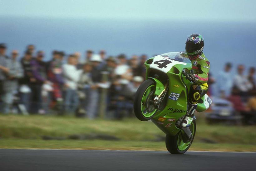 Anthony Gobert pulls a wheelie at Phillip Island in 1995.