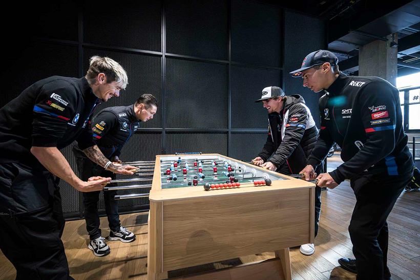 Foosball anybody? The BMW riders play a game before the launch