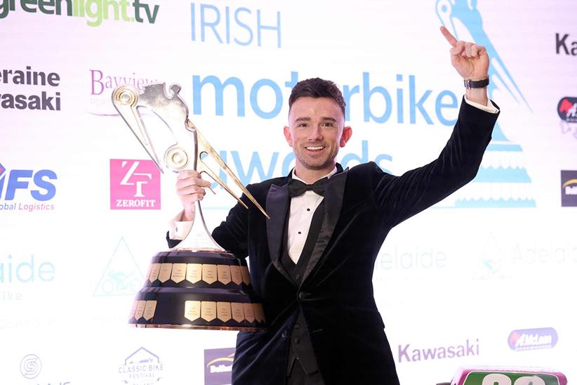 Glenn Irwin celebrates winning the Irish Motorcyclist of the Year award at the Adelaide Irish Motorbike awards in the Crowne Plaza hotel, Belfast