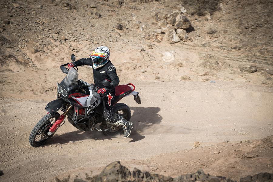 2024 Ducati DesertX Rally tackling a gravel corner