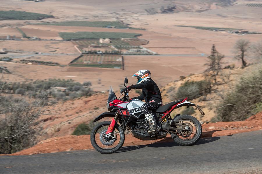 2024 Ducati DesertX Rally turning right on tarmac