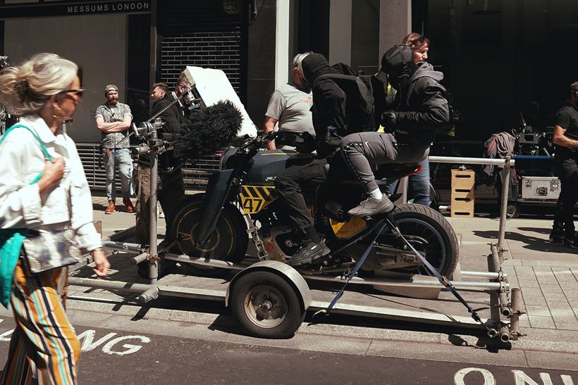 Royal Enfield Shotgun 650 custom on filming rig