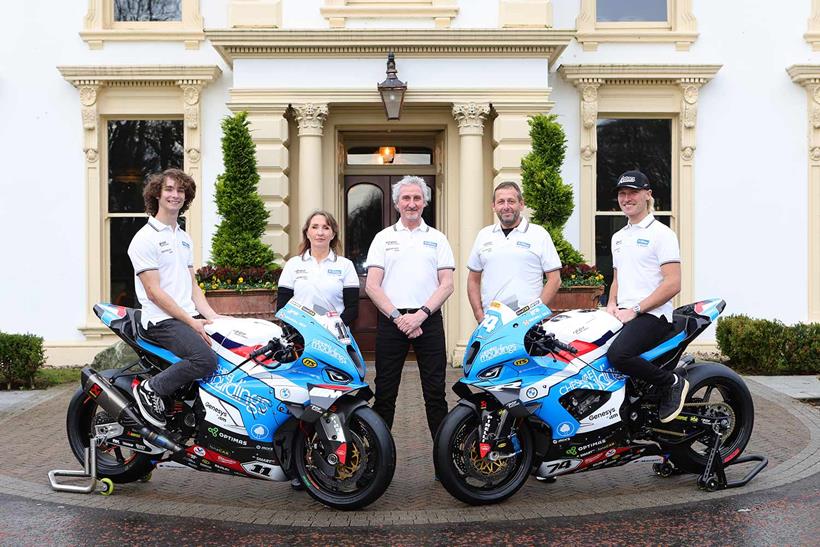 Cheshire Mouldings' John Carney & Jacquie Capper with TAS Racing's Philip Neill, Rory Skinner & Davey Todd.