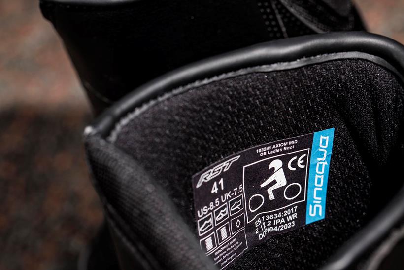 Close up of the CE label on the RST Axiom CE Waterproof boots