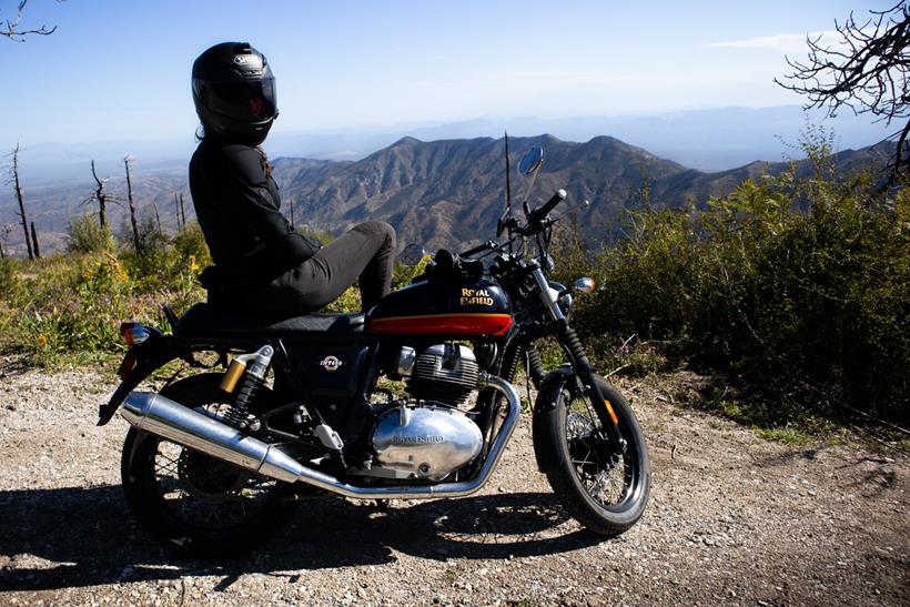 Rachel Lepley on her Interceptor 650 with mountainous backdrop