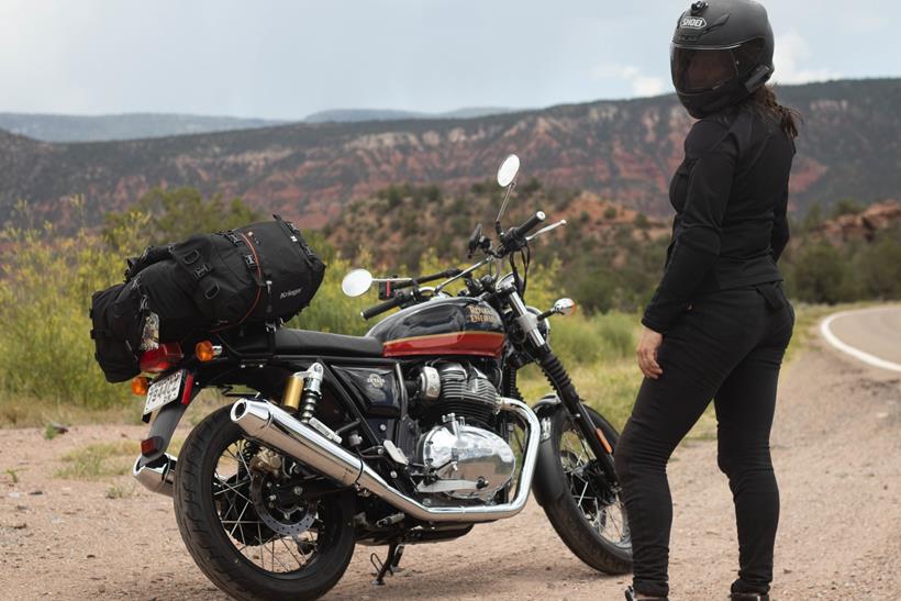 Rachel Lepley on her Interceptor 650 with desert backdrop