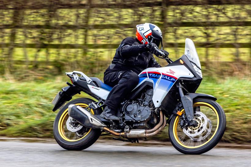 Honda XL750 Transalp in Ross White paintwork ridden on road