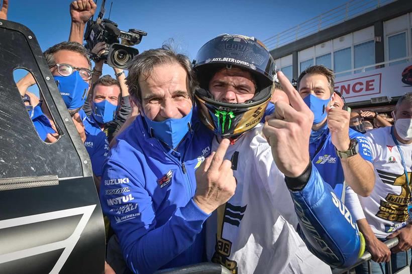 Davide Tardozzi celebrates with 2020 MotoGP World Champion Joan Mir