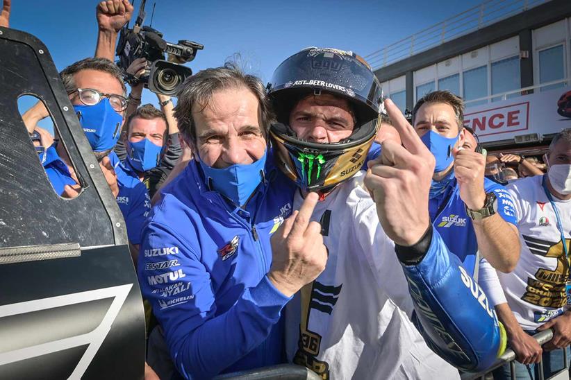 Davide Tardozzi celebrates with 2020 MotoGP World Champion Joan Mir