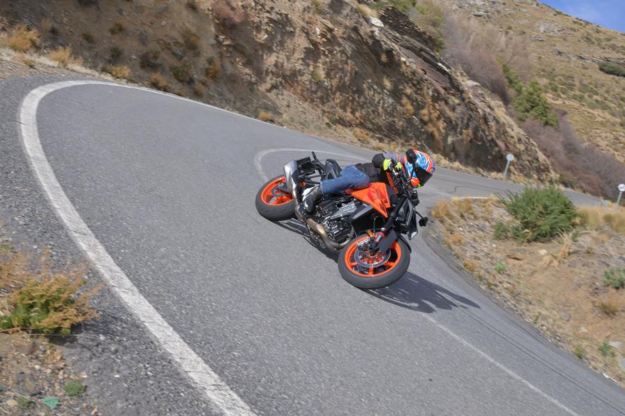 KTM 990 Duke turning left on the road