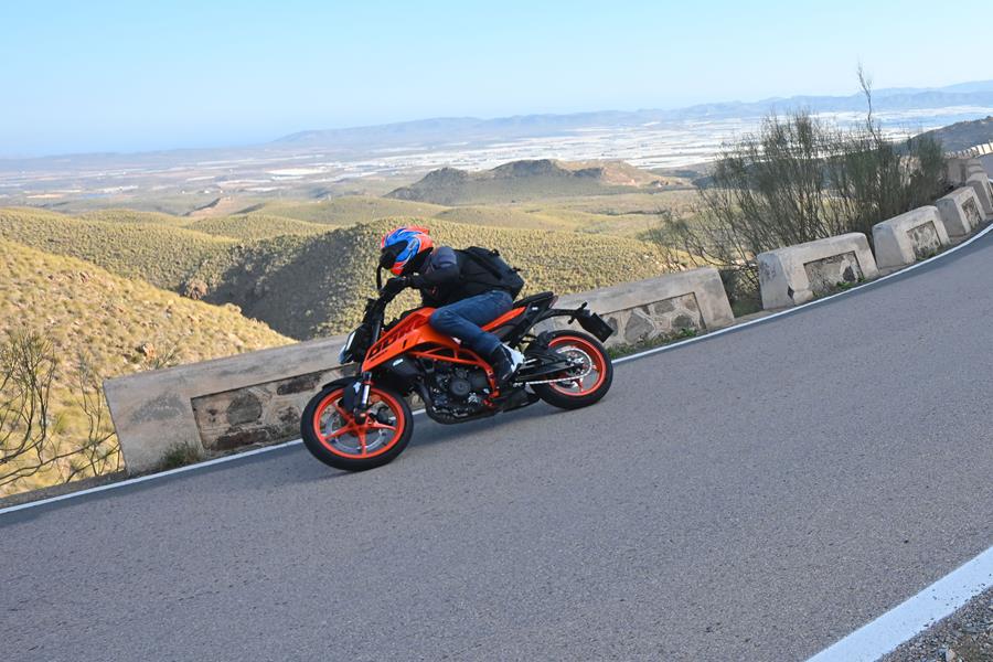 2024 KTM 390 Duke cornering on mountain road