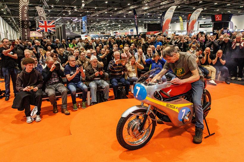 Allen Millyard starts his Honda Six replica at the Devitt MCN London Motorcycle Show 2024