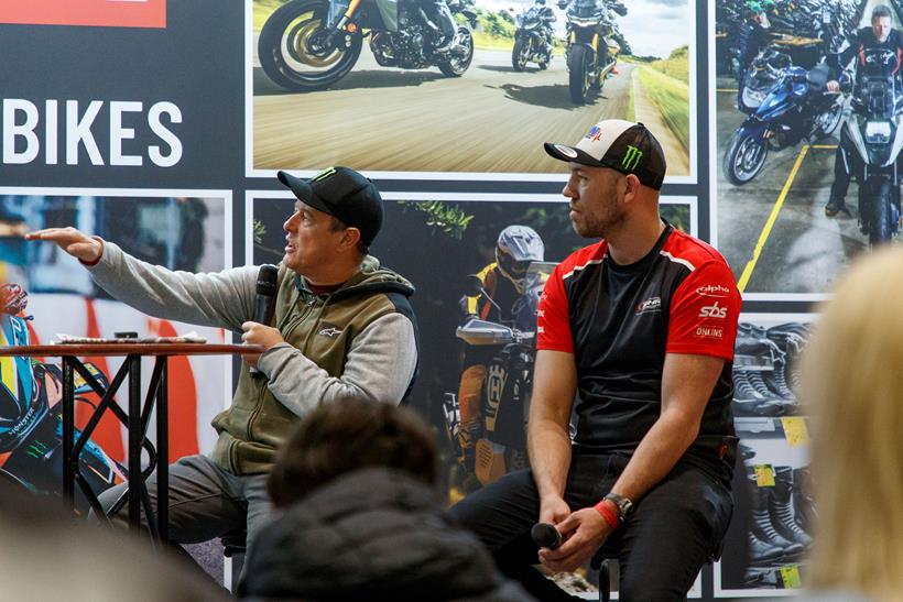 John McGuinness and Peter Hickman on stage at the Devitt MCN London Motorcycle Show 2024