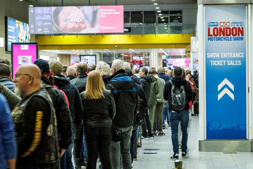 Show-goers arrive at the Devitt MCN London Motorcycle Show 2024