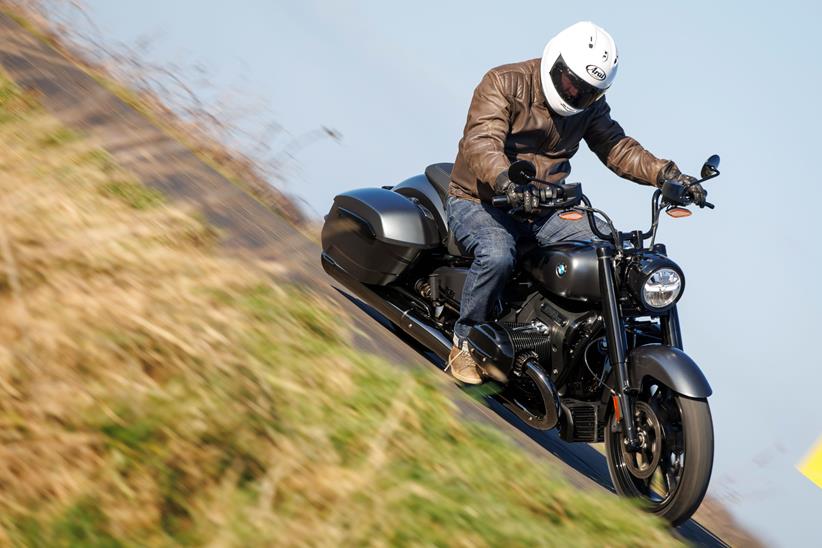 BMW R18 Roctane with Phil West on board cornering at speed