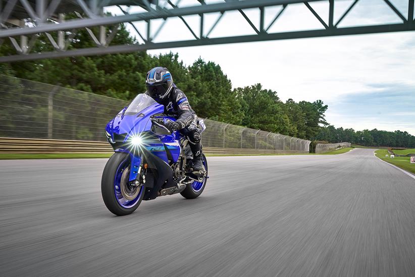 Tucked in on track on the 2024 Yamaha R1