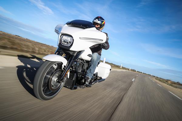 Close up shot shows massive frontal fairing of Harley-Davidson Street Glide