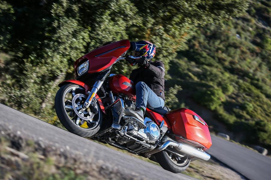 Harley-Davidson Street Glide on road banking to the right