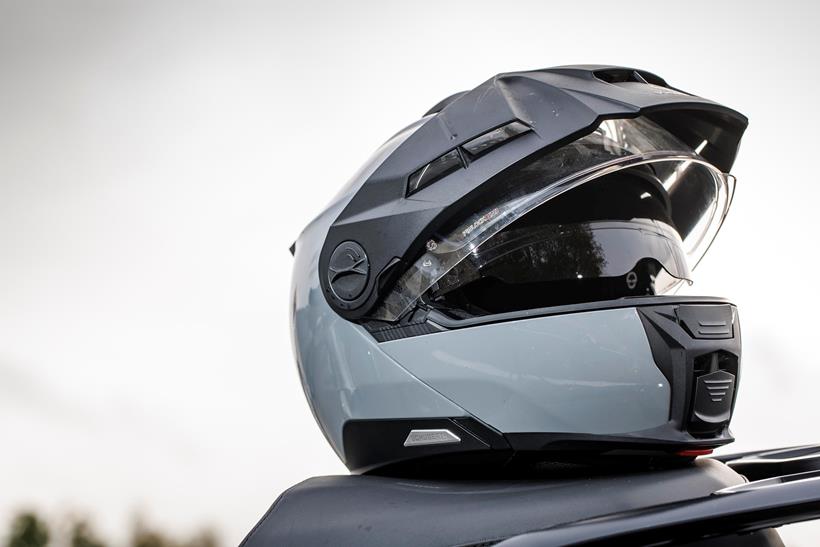 The Schuberth E2 helmet, with the internal sun visor dropped down