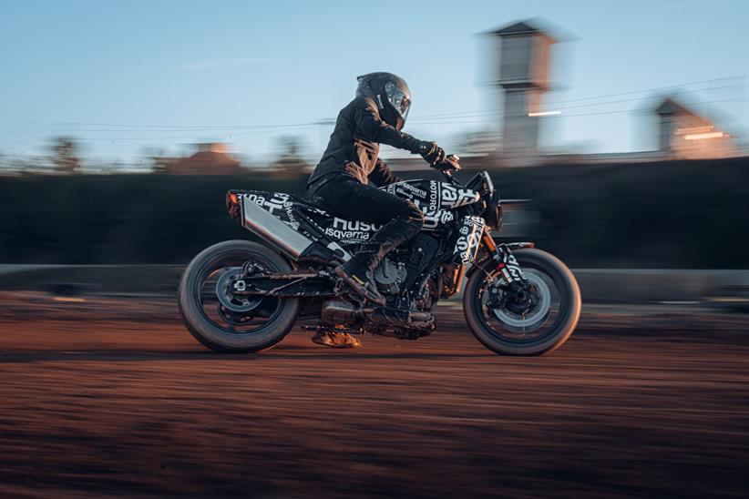 Husqvarna Svartpilen 801 prototype sliding on dirt