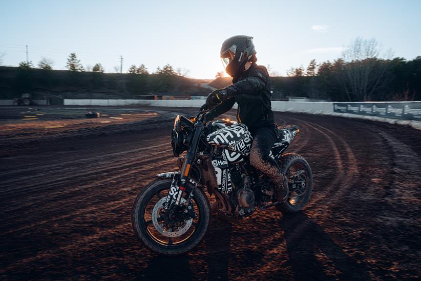 Husqvarna Svartpilen 801 prototype parked on a flattrack oval