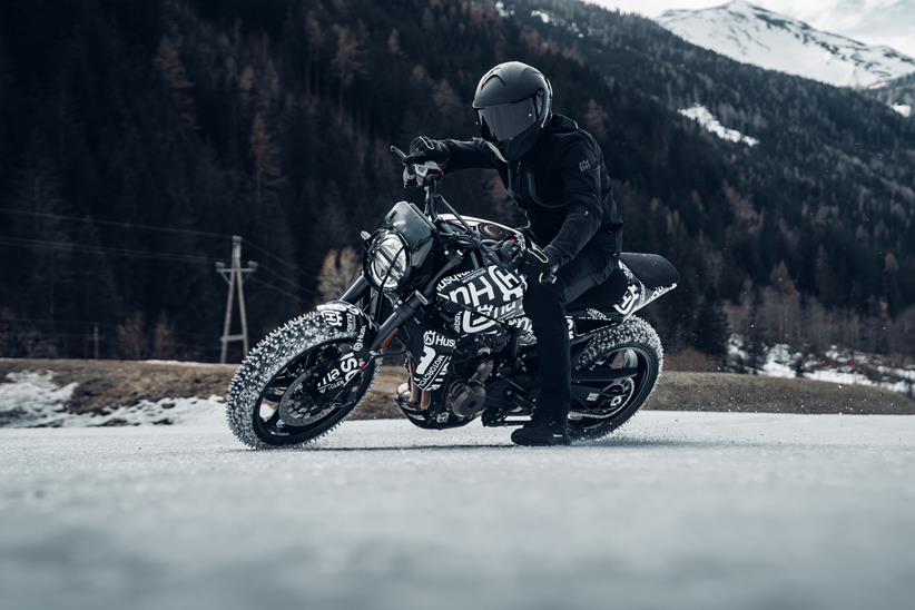 Cornering on ice on the Husqvarna Svartpilen 801 prototype