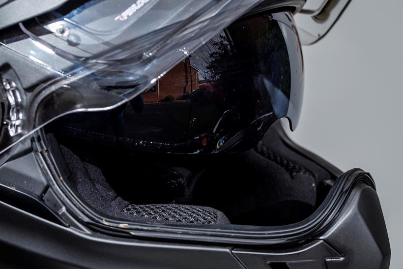 The Dexter Electron 2 ADV helmet, close up on the internal sun visor and padding