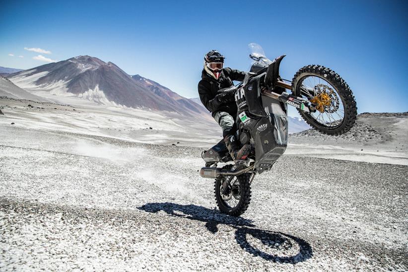 Big elevation and even bigger wheelies on the tricked up Tenere