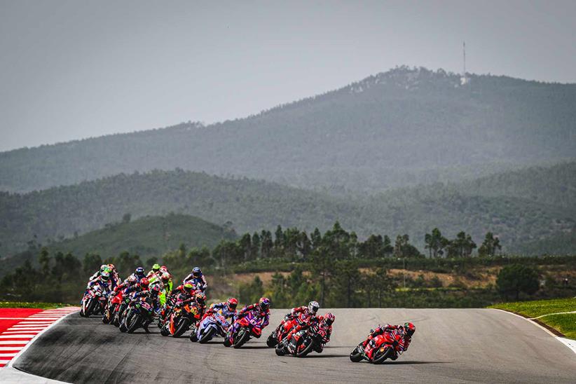 Pecco Bagnaia leads the way during the MotoGP Sprint at Portimao.