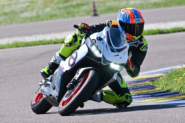 2024 Aprilia RS457 on the track cornering left