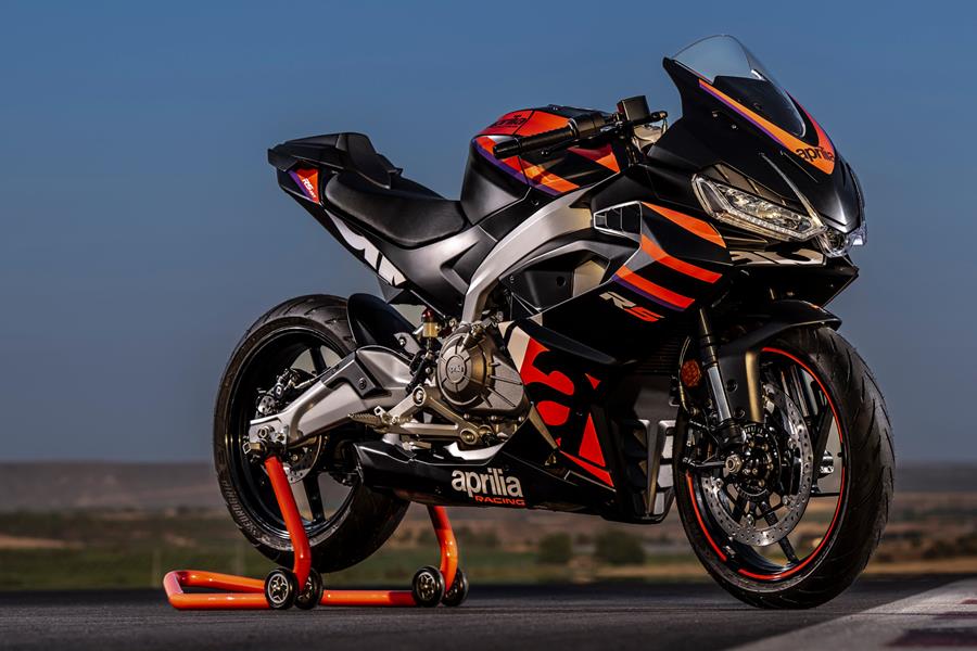 2024 Aprilia RS457 front right on paddock stand