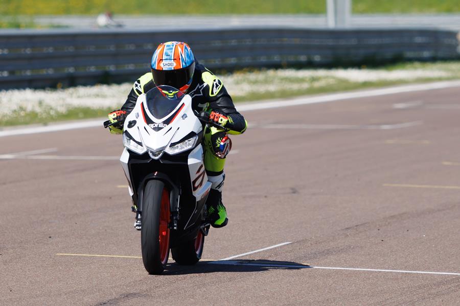 2024 Aprilia RS457 front action shot on straight