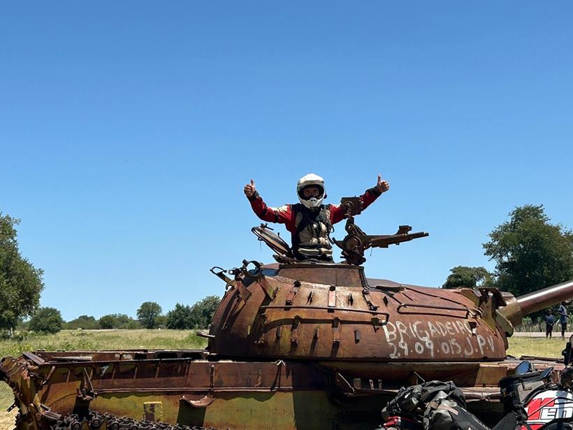 Derek in an old Angolan tank