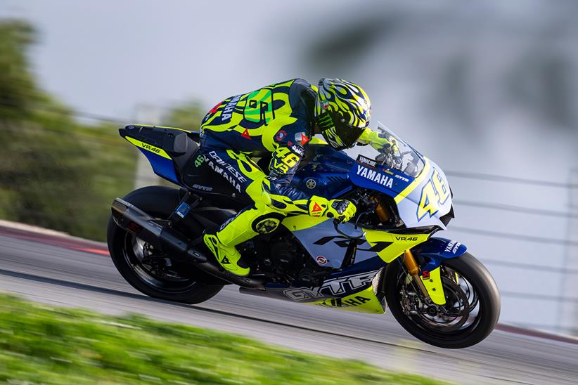 Valentino Rossi riding a Yamaha GYTR R1 on track