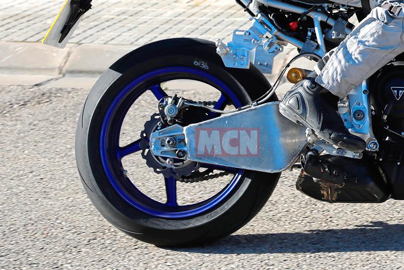 A Triumph Street Triple derived development bike with a thicker swingarm