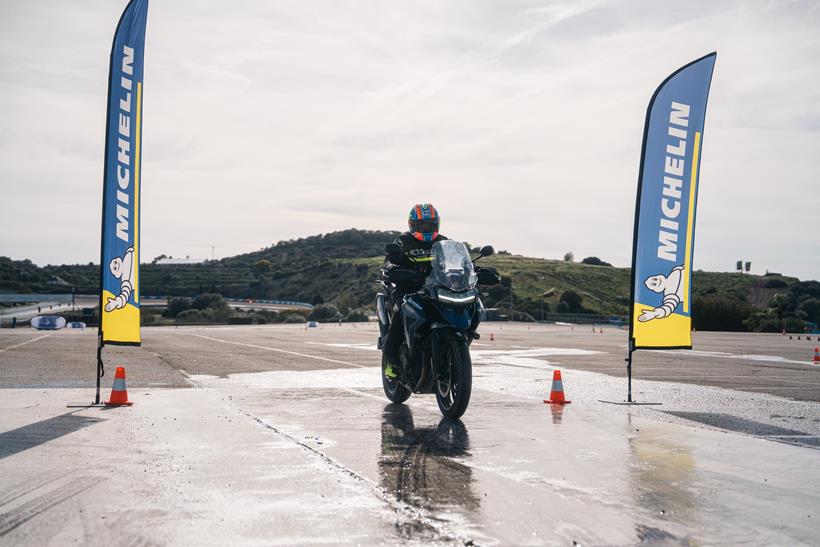 Michael Neeves brake testing the Michelin Anakee Road tyres on a  Triumph Tiger 1200 GT Pro