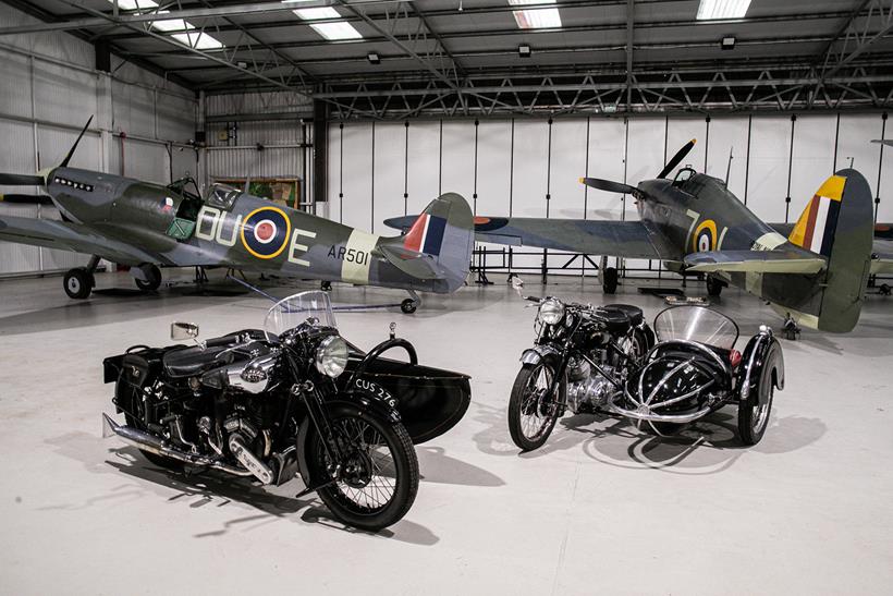 The Brough sidecar outfit photographed with a Vincent outfit