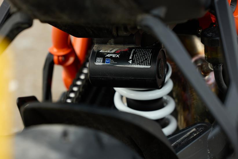 The KTM 1390 Super Duke R Evo's rear shock is electrically adjustable
