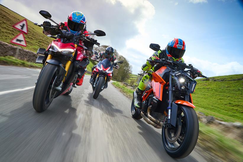KTM's new 1390 Super Duke R Evo takes on the Ducati Streetfighter V4 S and Aprilia's Tuono V4 Factory