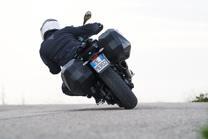 A rear shot of the BMW S1000XR using Metzeler Roadtec 02 tyres